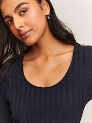 Navy Blue Mini Ribbed Long Sleeve Scoop Neck Dress - Image 4 of 7