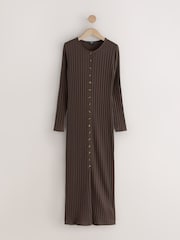 Chocolate marrom - Ribbed Long Sleeve Button Down Midi Dress - Imagem 1 de 3