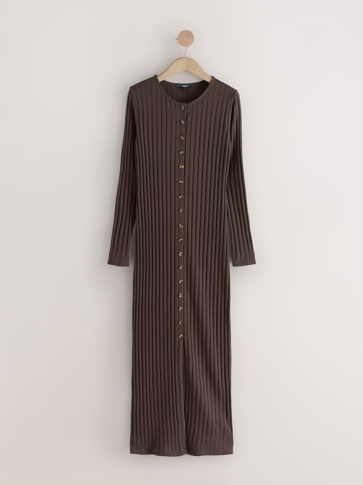 Chocolate marrom - Ribbed Long Sleeve Button Down Midi Dress - Imagem 1 de 3