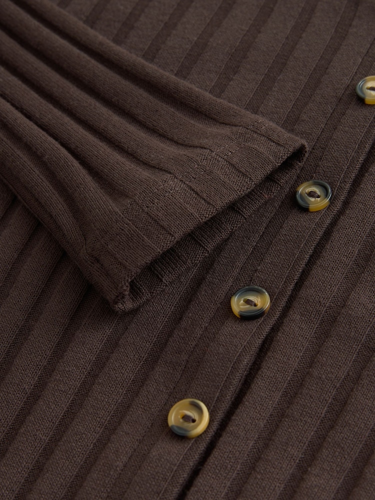 Chocolate marrom - Ribbed Long Sleeve Button Down Midi Dress - Imagem 3 de 3