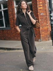 Chocolate Brown Cord Tie Waist Short Sleeve Jumpsuit - Image 1 of 8
