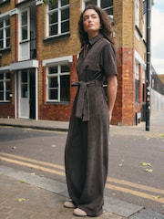 Chocolate Brown Cord Tie Waist Short Sleeve Jumpsuit - Image 2 of 8