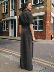 Chocolate Brown Cord Tie Waist Short Sleeve Jumpsuit - Image 3 of 8