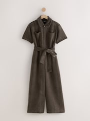 Chocolate Brown Cord Tie Waist Short Sleeve Jumpsuit - Image 6 of 8