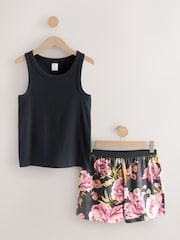 Black Floral Cotton Rib Vest Short Set Pyjamas - Image 1 of 3