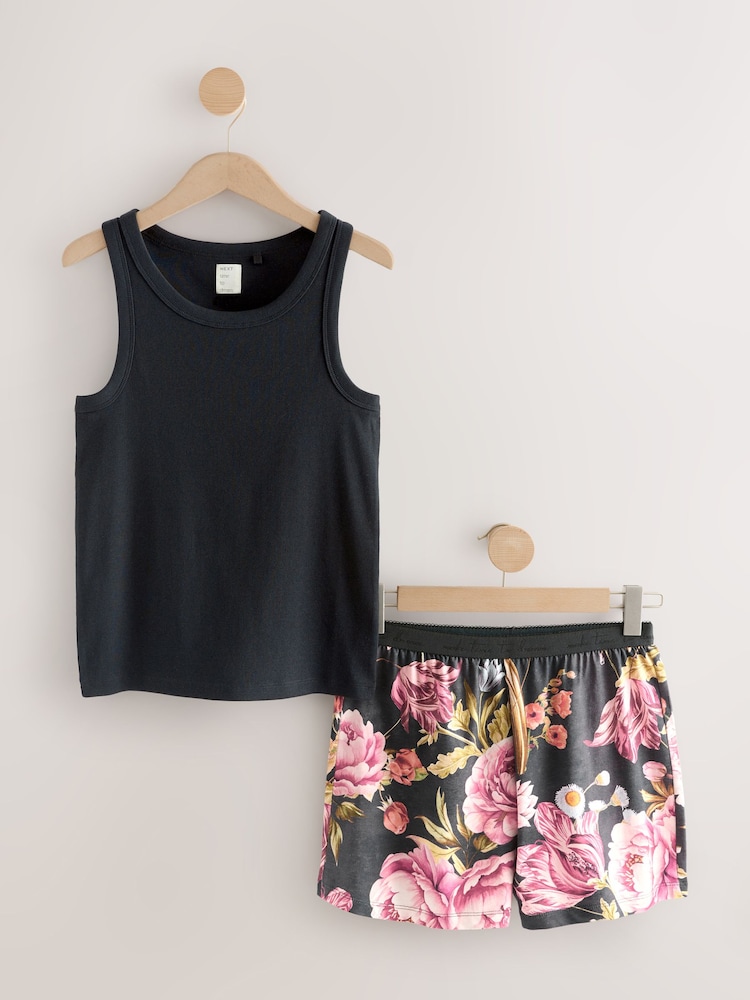 Black Floral Cotton Rib Vest Short Set Pyjamas - Image 1 of 3