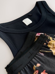 Black Floral Cotton Rib Vest Short Set Pyjamas - Image 3 of 3