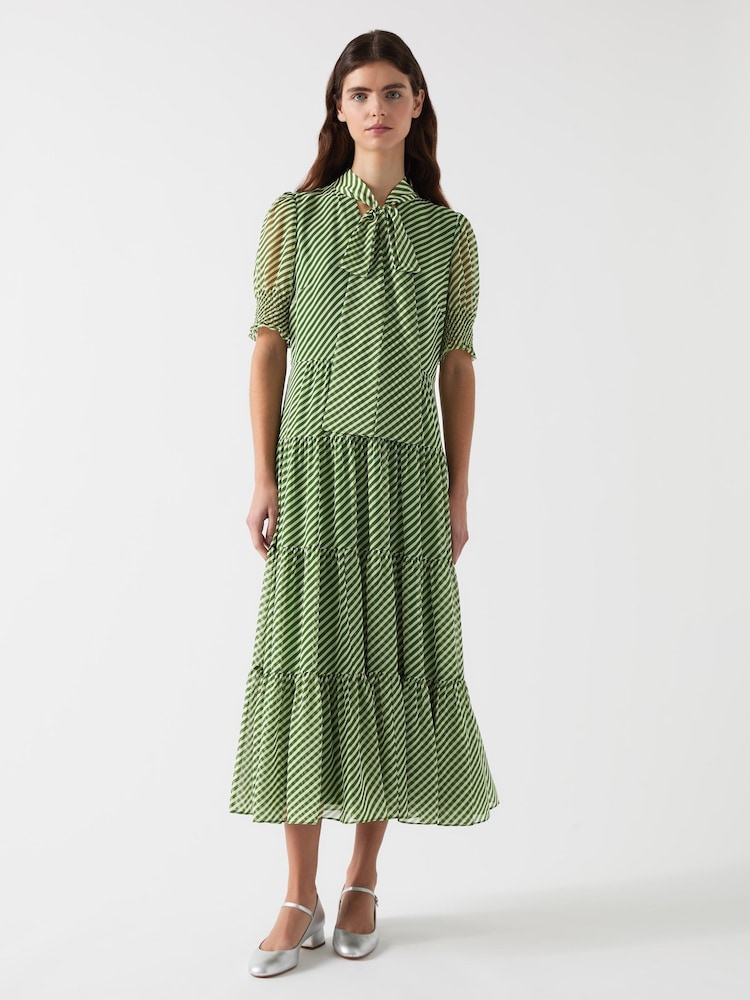 LK Bennett Green Petite Coco Treetop Birch Tie Neck Georgette Dress - Image 1 of 4
