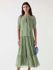 LK Bennett Green Petite Coco Treetop Birch Tie Neck Georgette Dress - Image 3 of 4