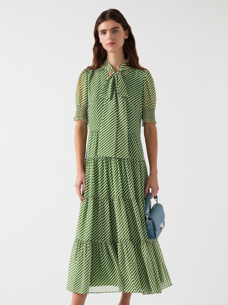 LK Bennett Green Petite Coco Treetop Birch Tie Neck Georgette Dress - Image 3 of 4