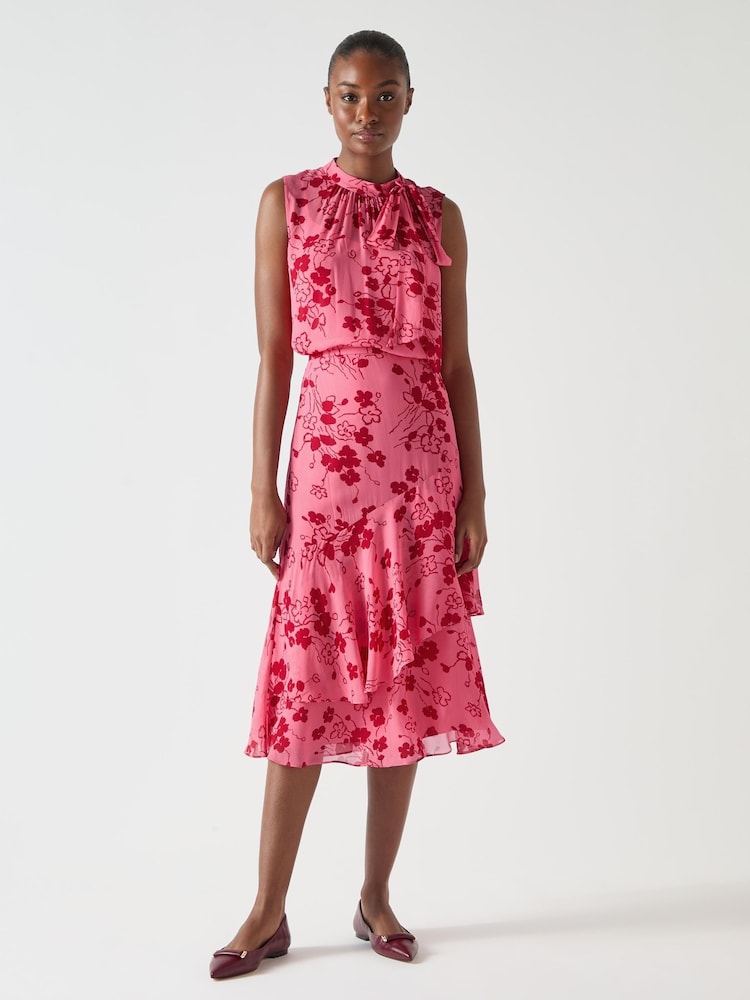 LK Bennett Pink Rhoda Desert Rose & Rio Red Viscose Wildflower Layered Tiered Skirt - Image 2 of 4