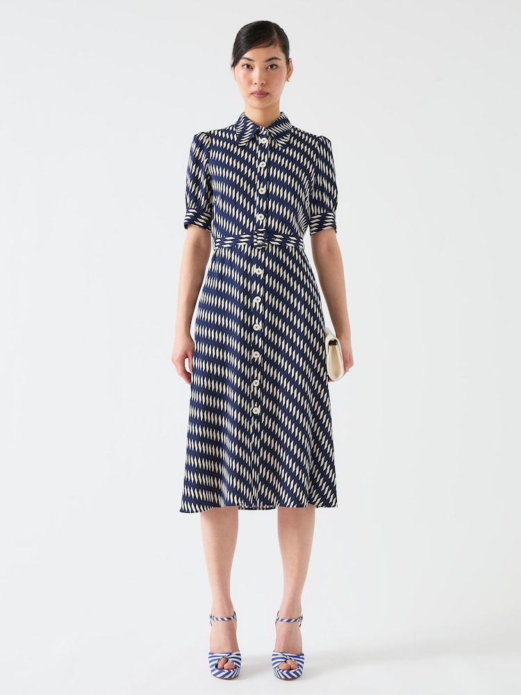 LK Bennett Blue Valerie Spring Viscose Printed Viscose Shirt Dress With Belt - Image 1 of 4