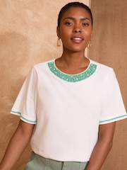 Love & Roses Ivory Beaded Trim Crew Neck T-Shirt - Image 1 of 4