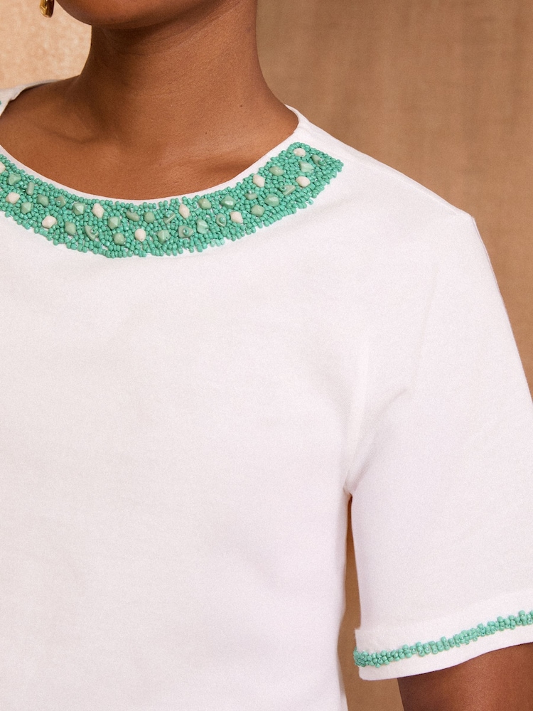 Love & Roses Ivory Beaded Trim Crew Neck T-Shirt - Image 2 of 4