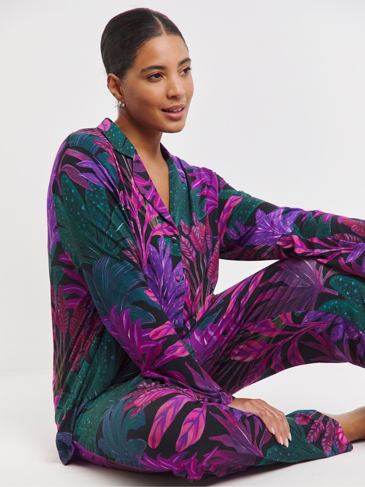 JD Williams Black Floral Button Through Pyjamas Set - Image 2 of 4