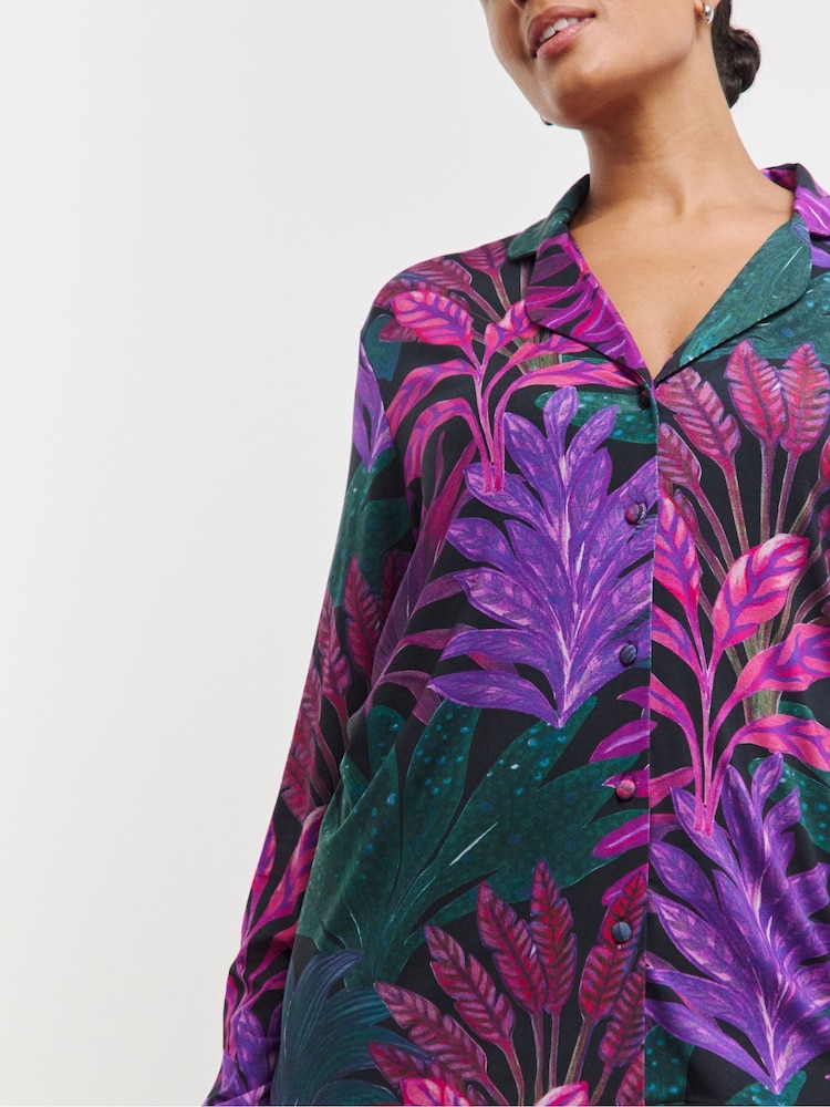JD Williams Black Floral Button Through Pyjamas Set - Image 4 of 4