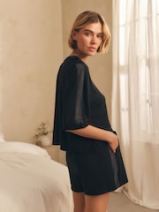 Black Jesrey Satin Mix Short Set Pyjamas - Image 1 of 10