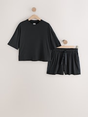 Black Jesrey Satin Mix Short Set Pyjamas - Image 8 of 10