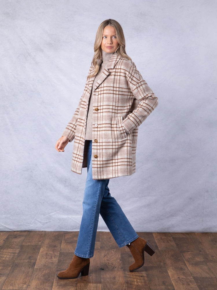Lakeland Clothing Cream Willow Oversized Checked Coat - Image 1 of 9