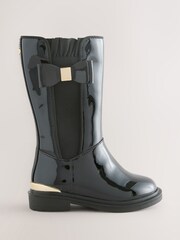 Baker by Ted Baker Girls Patent Tall Knee High Black Boots With Bow - Image 1 of 6