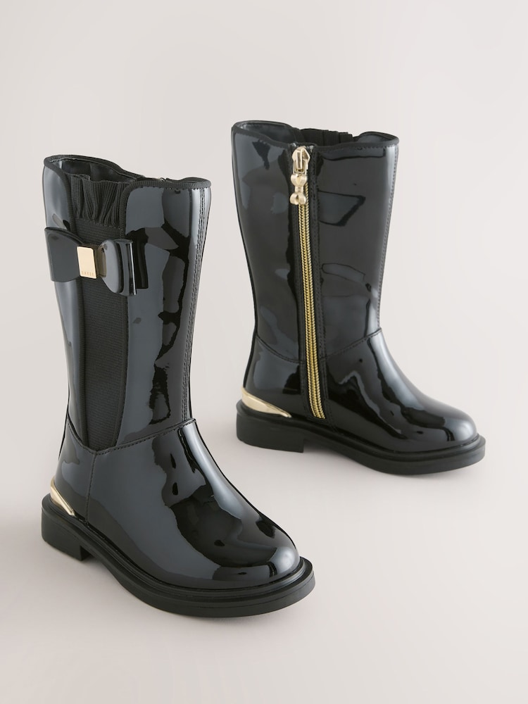 Baker by Ted Baker Girls Patent Tall Knee High Black Boots With Bow - Image 2 of 6