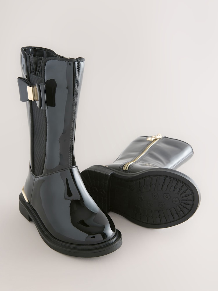 Baker by Ted Baker Girls Patent Tall Knee High Black Boots With Bow - Image 6 of 6