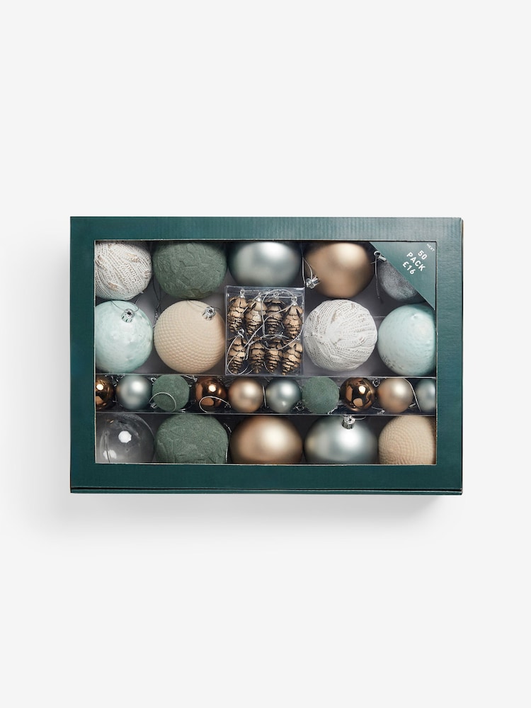 50 Pack Skandi Green Shatterproof Christmas Baubles - Image 1 of 3