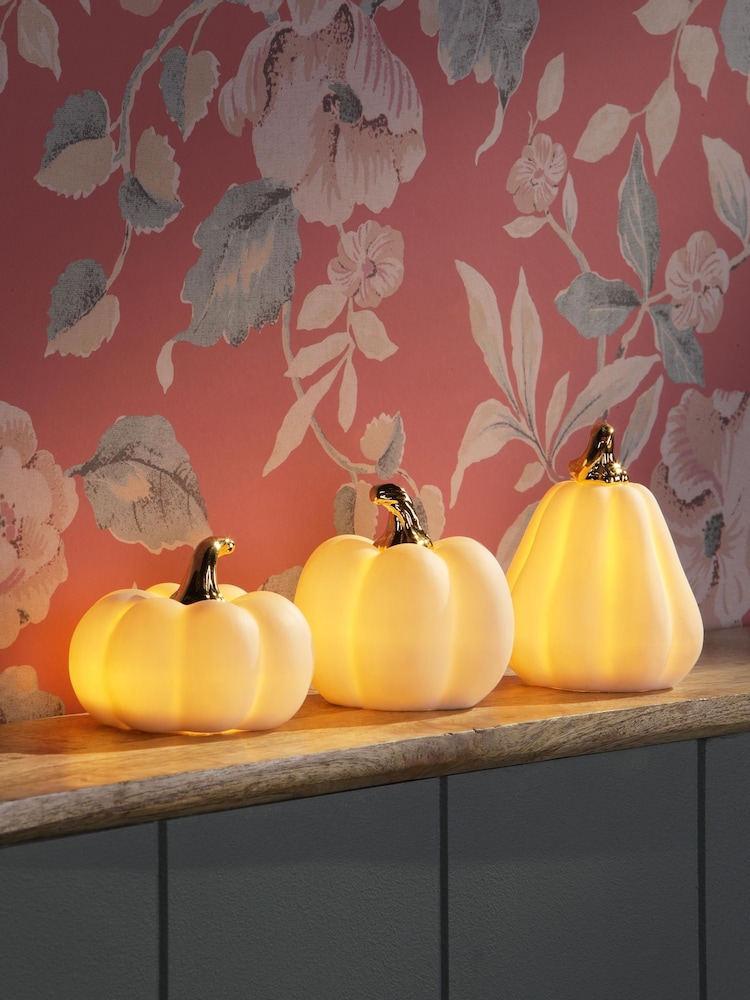 Laura Ashley White Ceramic Pre Lit Autumn Set of 3 Pumpkin Lights - Image 1 of 5