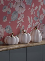 Laura Ashley White Ceramic Pre Lit Autumn Set of 3 Pumpkin Lights - Image 2 of 5