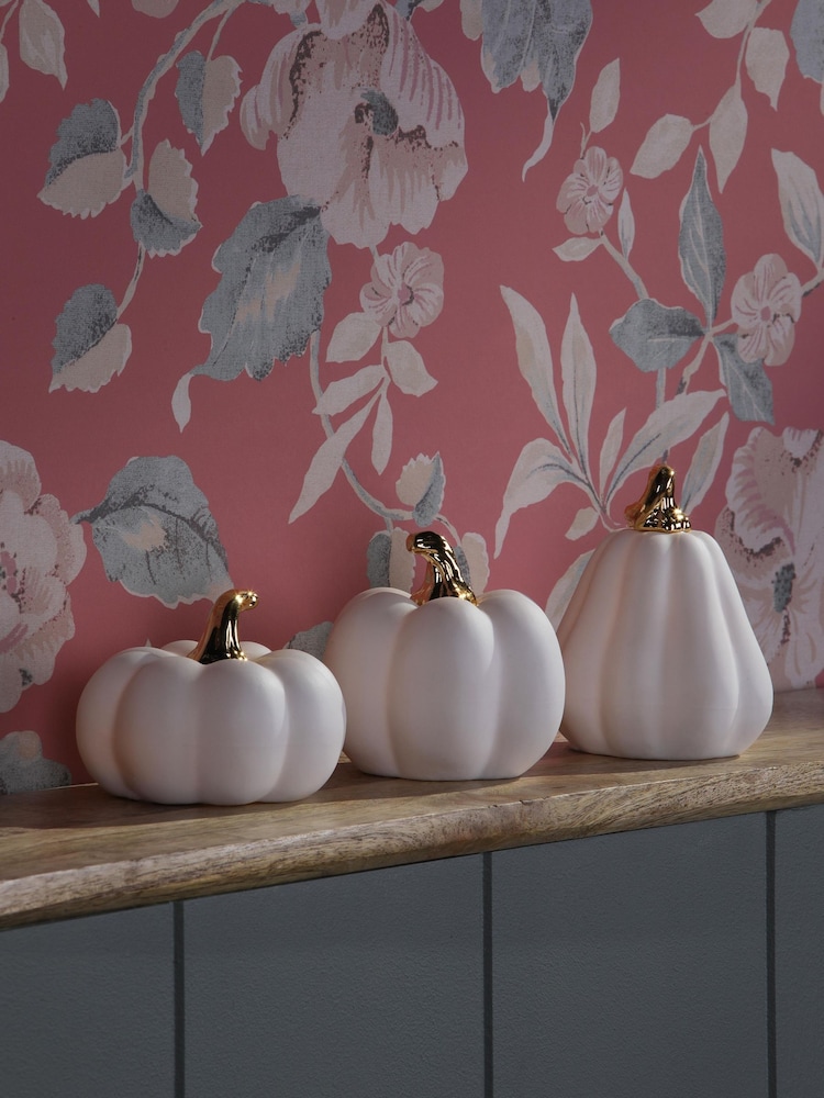 Laura Ashley White Ceramic Pre Lit Autumn Set of 3 Pumpkin Lights - Image 2 of 5