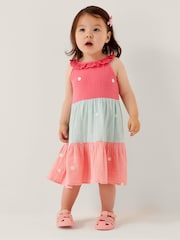 Monsoon Pink Baby Floral Embroidered Tiered 100% Cotton Dress - Image 1 of 4