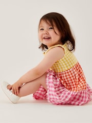 Monsoon Yellow Baby Gingham Colour Block 100% Cotton Dress - Image 1 of 4