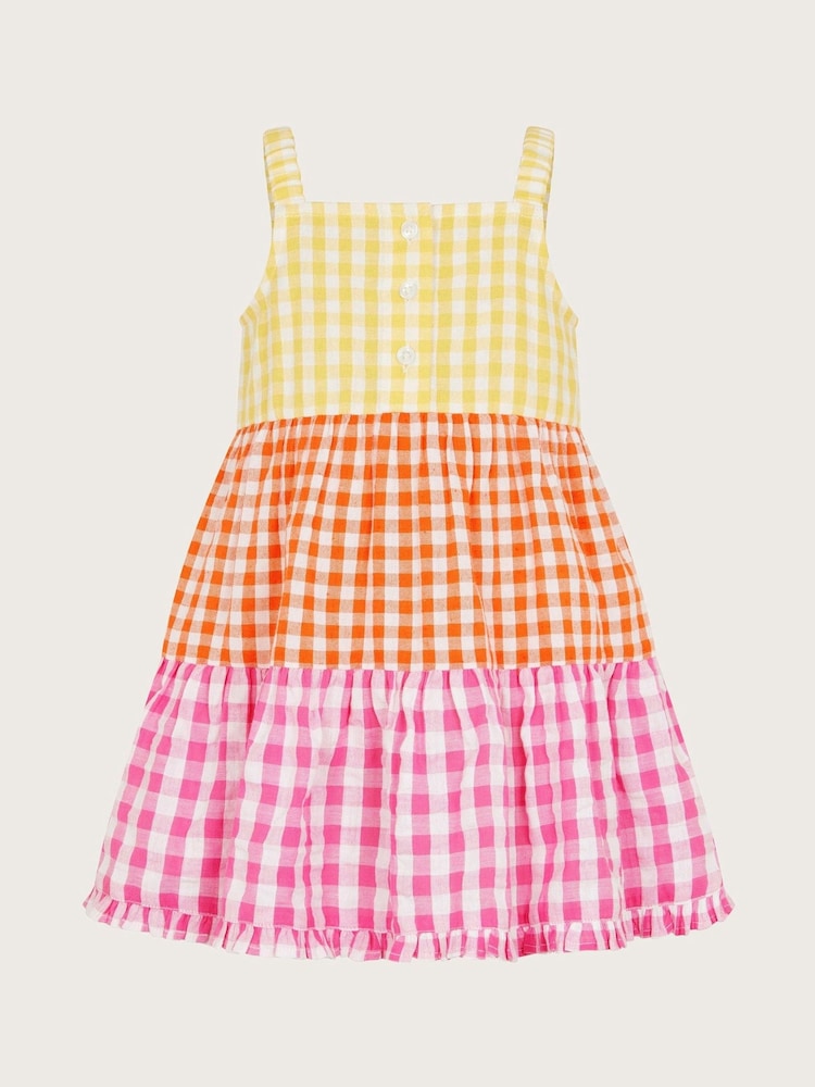 Monsoon Yellow Baby Gingham Colour Block 100% Cotton Dress - Image 2 of 4