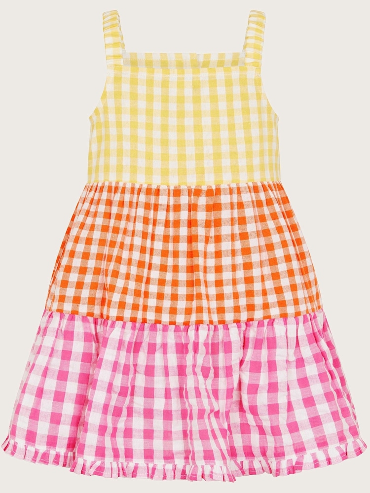 Monsoon Yellow Baby Gingham Colour Block 100% Cotton Dress - Image 3 of 4