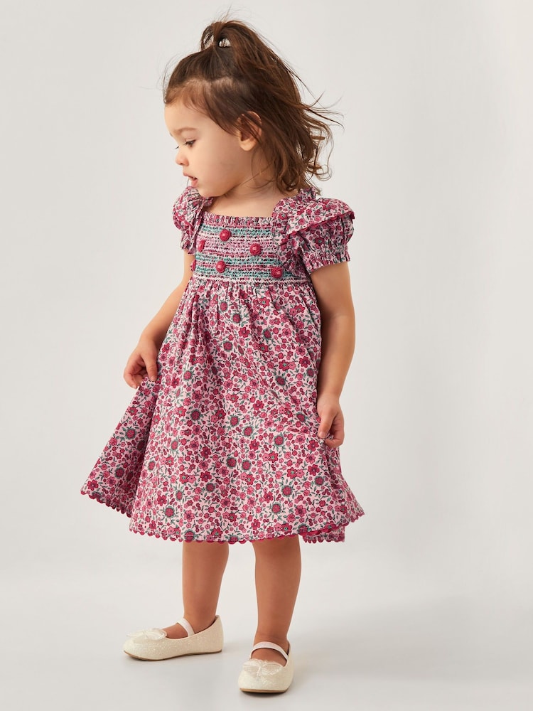 Monsoon Pink Baby Floral Print Smock 100% Cotton Dress - Image 1 of 4