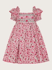 Monsoon Pink Baby Floral Print Smock 100% Cotton Dress - Image 2 of 4