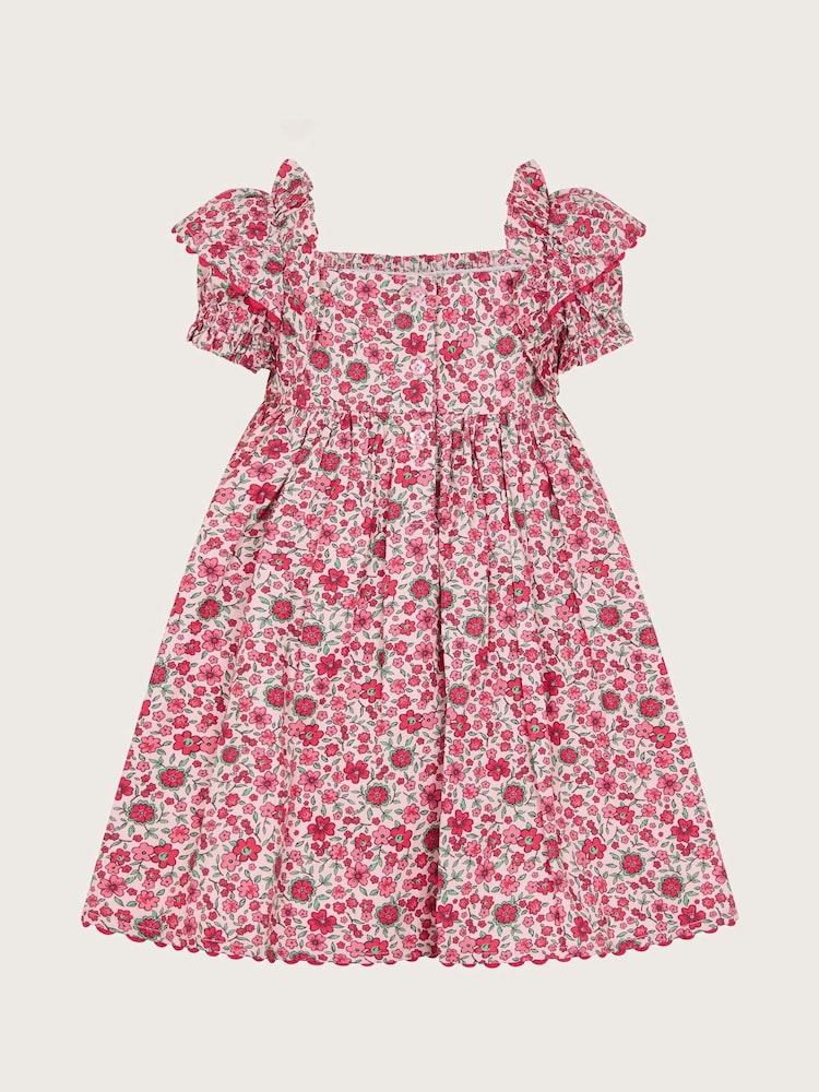 Monsoon Pink Baby Floral Print Smock 100% Cotton Dress - Image 3 of 4