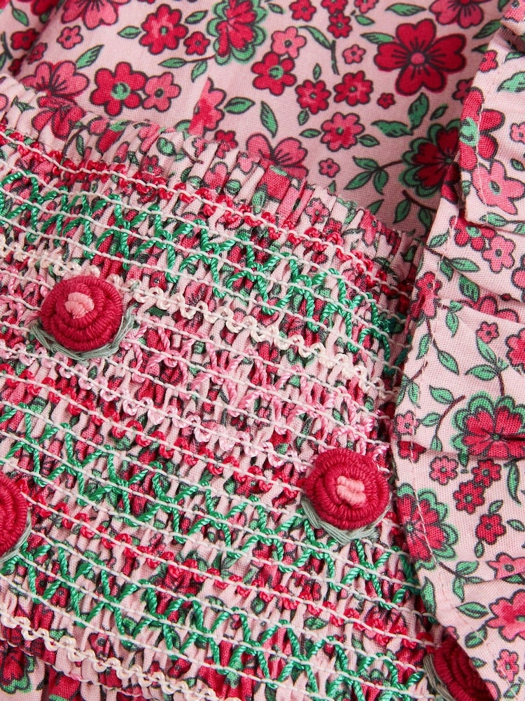 Monsoon Pink Baby Floral Print Smock 100% Cotton Dress - Image 4 of 4