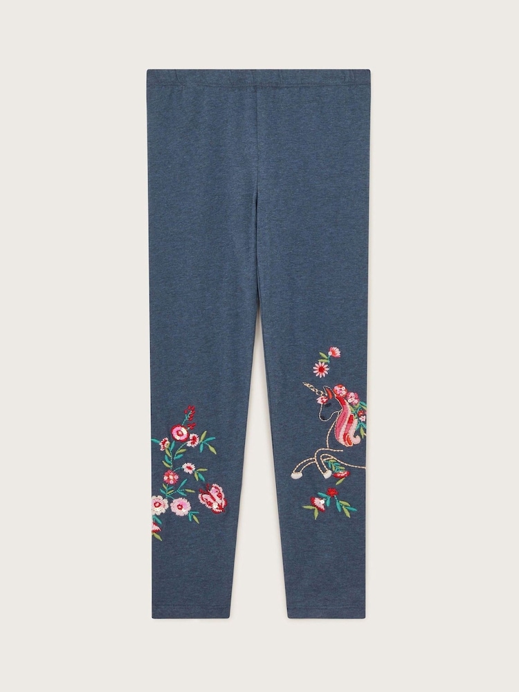Monsoon Blue Floral Unicorn Embroidered Leggings - Image 2 of 4