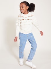 Monsoon Natural Embroidered Frill Knitted 100% Cotton Jumper - Image 1 of 4