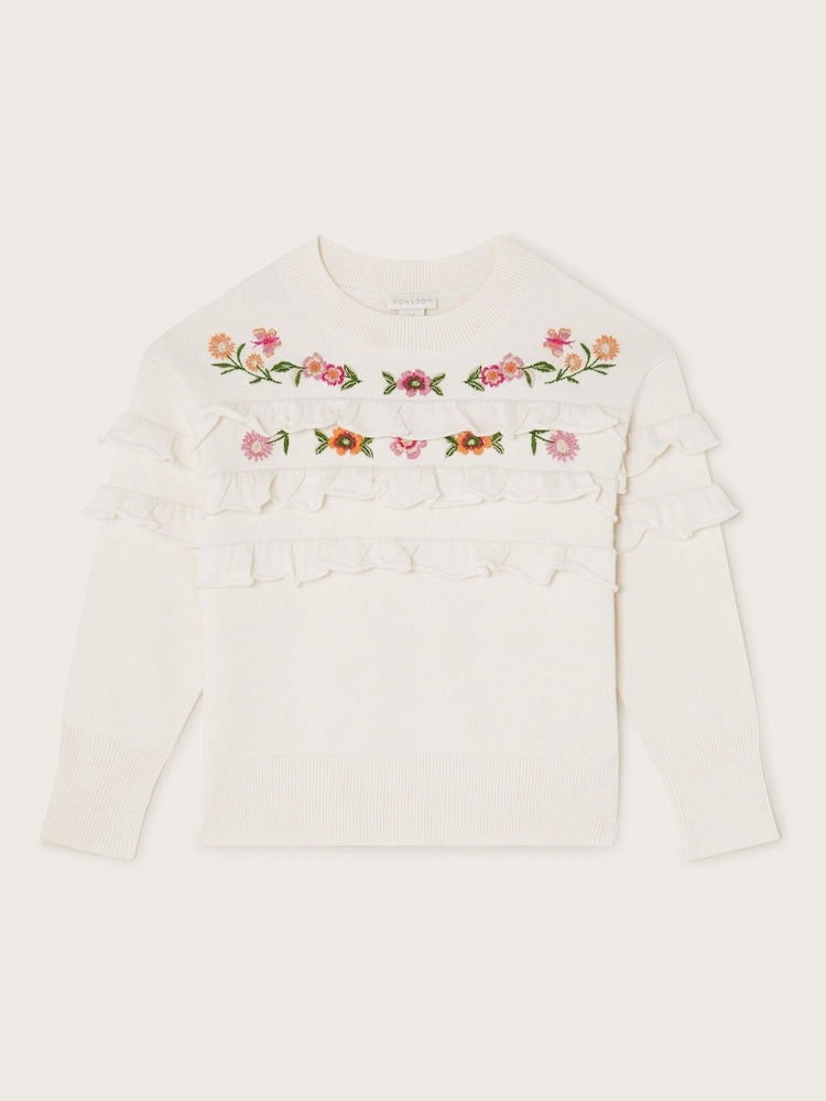 Monsoon Natural Embroidered Frill Knitted 100% Cotton Jumper - Image 2 of 4