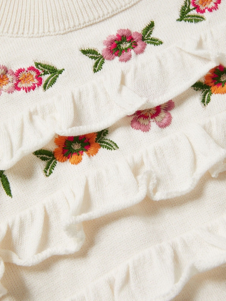 Monsoon Natural Embroidered Frill Knitted 100% Cotton Jumper - Image 4 of 4