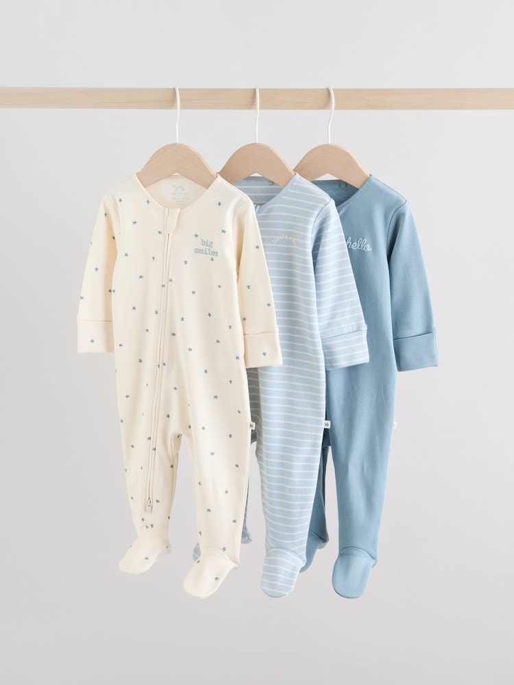 Blue Baby Two Way Zip Sleepsuits 3 Pack (0-2yrs) - Image 1 of 16 Blue Baby Two Way Zip Sleepsuits 3 Pack (0-2yrs) - Image 1 of 16