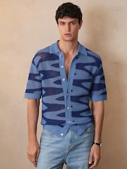 Reiss Blue Soliel Reiss | Ché Wave Crochet Shirt - Image 7 of 8