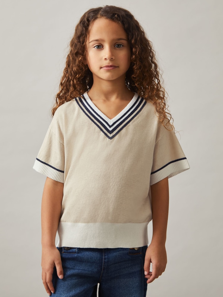 Reiss Neutral Ida 13-14 yrs Cotton-Linen Knit V-Neck Cricket Top - Image 2 of 4