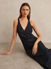 Reiss Navy Pari Petite Ruched Sleeveless Midi Dress With Linen - Image 1 of 7
