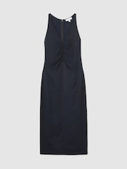 Reiss Navy Pari Petite Ruched Sleeveless Midi Dress With Linen - Image 2 of 7