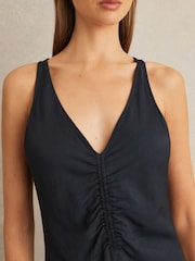 Reiss Navy Pari Petite Ruched Sleeveless Midi Dress With Linen - Image 4 of 7