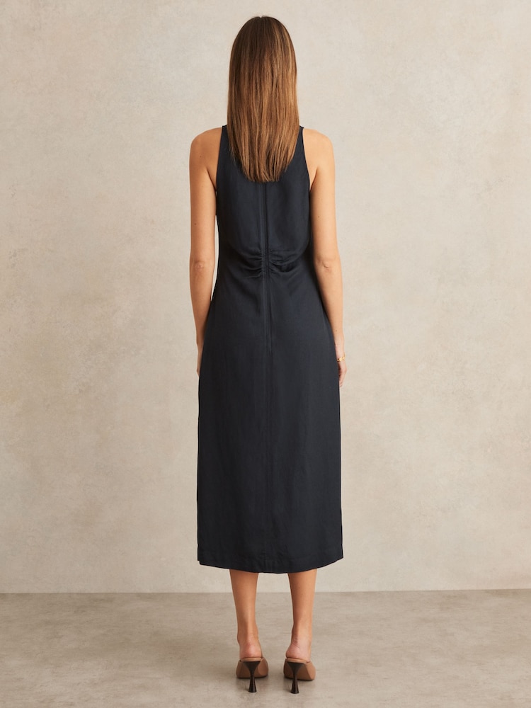 are reiss dresses small fitting Reiss Waisted Cut-Out Twill Midi Dress in Ivory