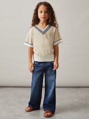Reiss Neutral Ida 9-13 yrs Cotton-Linen Knit V-Neck Cricket Top - Image 1 of 4
